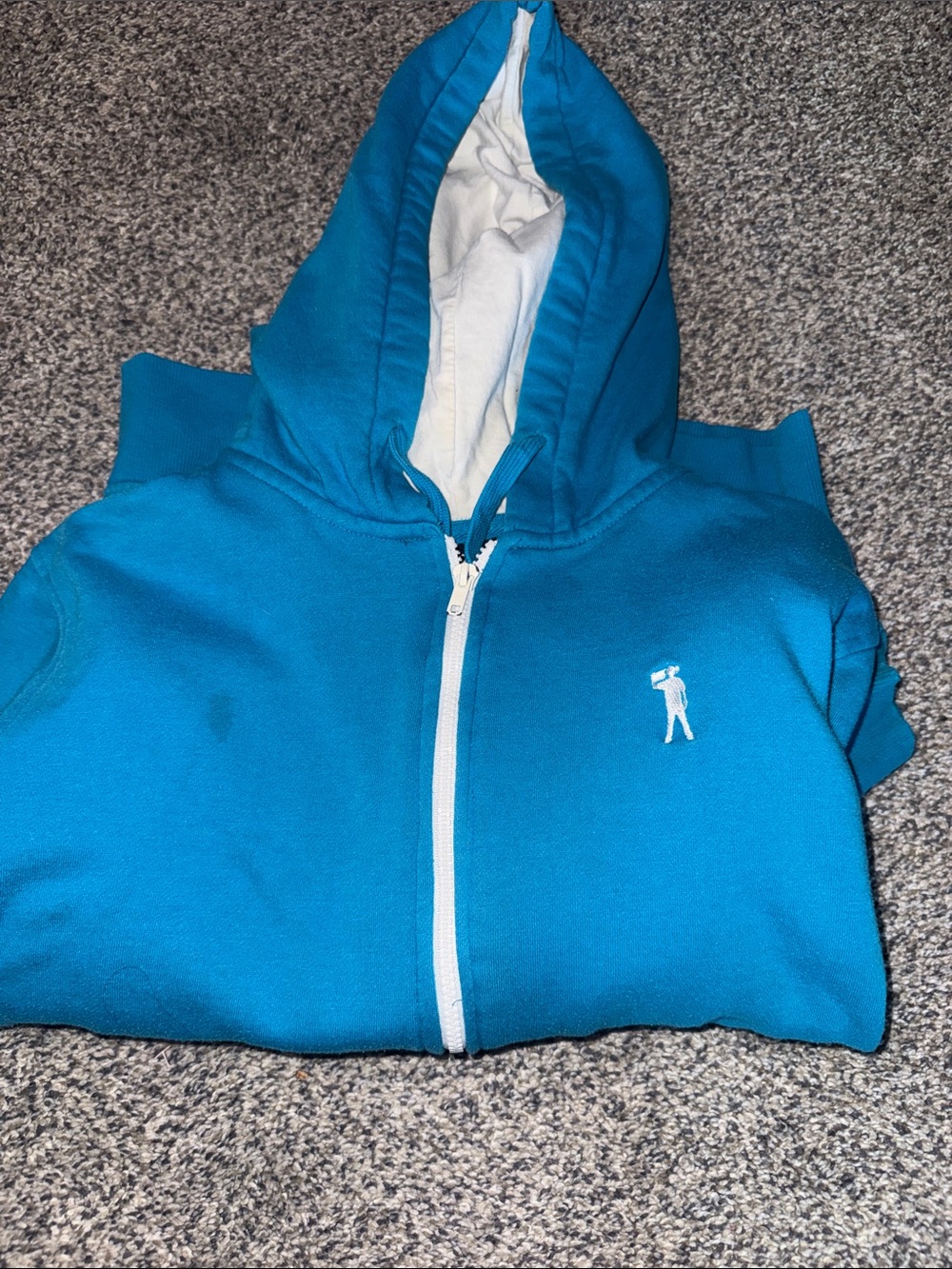 Blue Full-Zip Hoodie with White Lining and Small Logo
